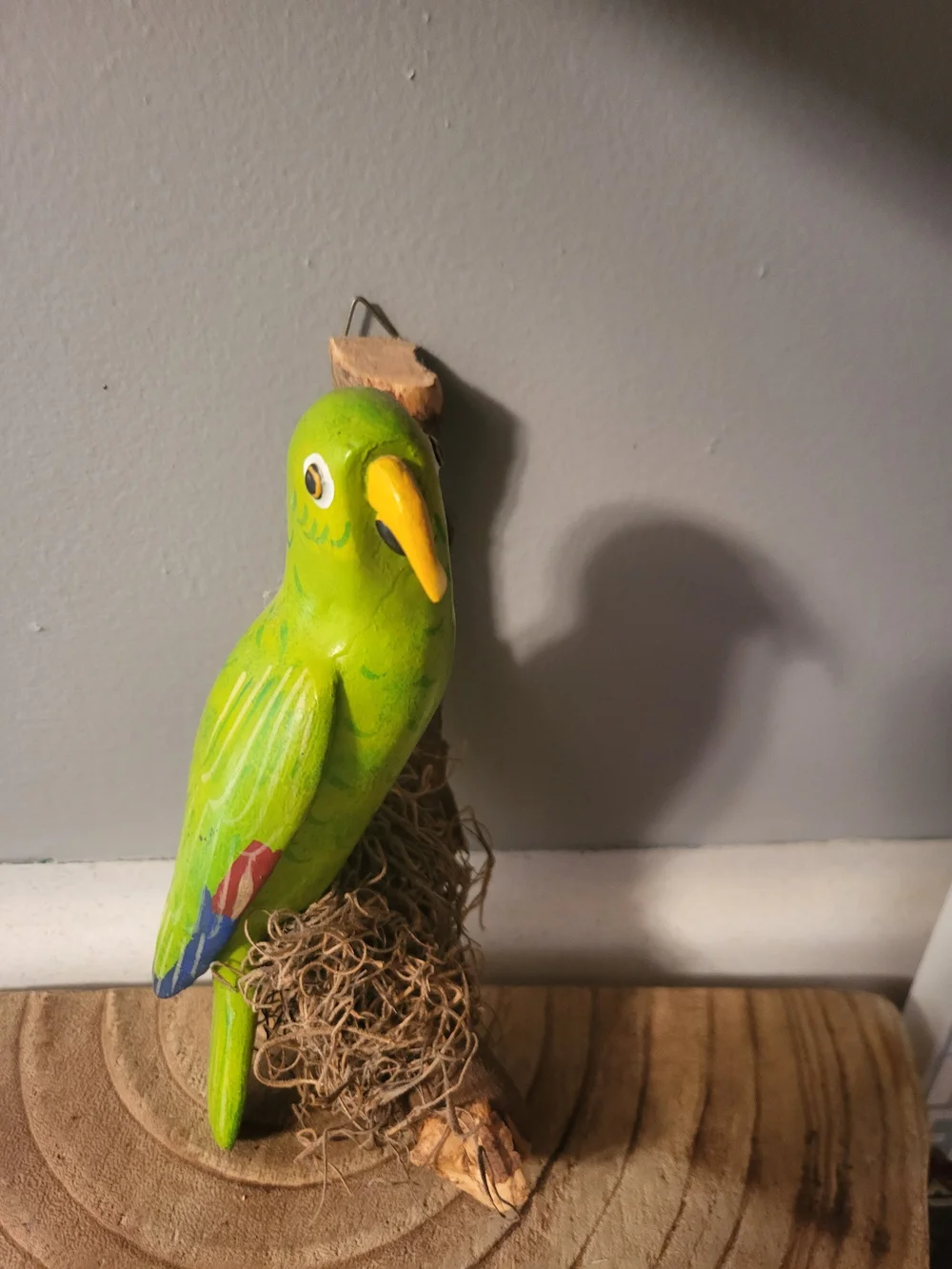 VTG Resin Parrot Figurine Ornament Yellow/Green 7.5in On Wood